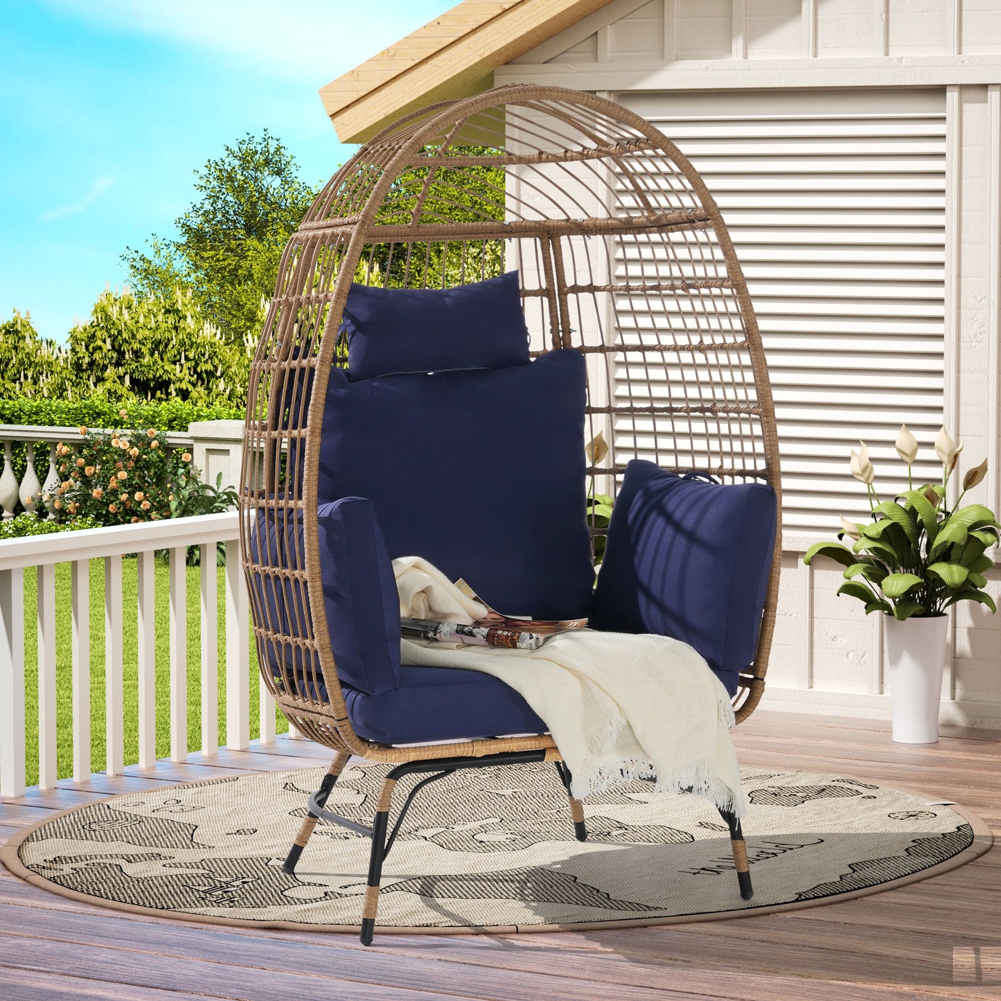 UHOMEPRO Wicker Egg Chair, Oversized Indoor Outdoor Patio Lounge Chair, Rattan Basket Chair with Soft Cushion, Pillow and Legs, 360lbs Capacity, Steel Frame, for Home Bedroom Patio Balcony, Beige