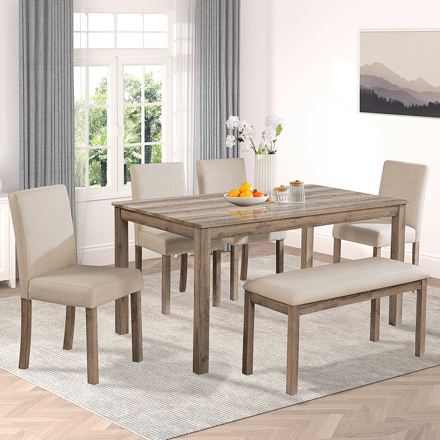 UHOMEPRO Dining Table Set for 6, Farmhouse Dining Room Table Set with Bench and Upholstered Chairs, 6 Piece Solid Wood Kitchen Table Sets with Chairs, Rustic Kitchen Furniture Set for 6, Black+Gray