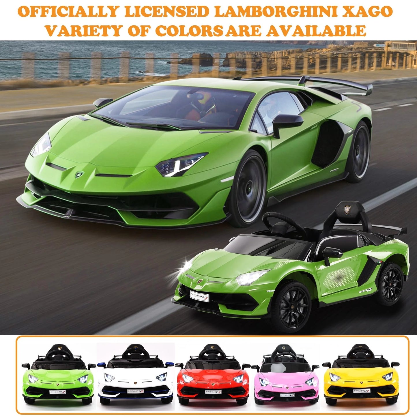 Lamborghini 24V Kids Ride on Cars, Powered Electric Cars for Kids 3-5 Boy Girl Gift, Lamborghini Xago 4 Wheels Battery Ride on Toy Cars With Remote Control, Bluetooth, LED Lights, Green