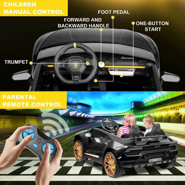 Lamborghini Huracan 24V Powered Ride on Car 2 Seat, 4WD Electric Cars for Kids with Remote Control, Suspension, LED Light, Music, Bluetooth, Children Ride on Toy for 3-8 Years Boys Girls, Black