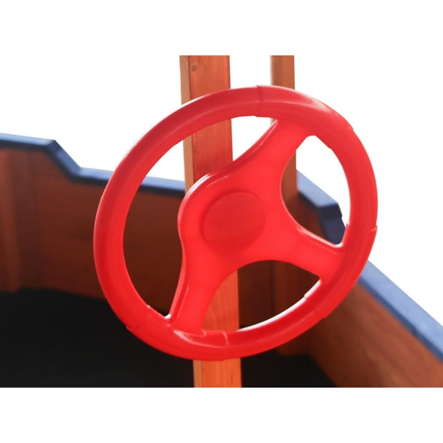 COCLUB Pirate Ship Sandbox, Kids Wooden Sandbox with Cover and Rudder, Boys and Girl Outdoor Toy with Storage Bench and Seat, Gift for Ages 3-8