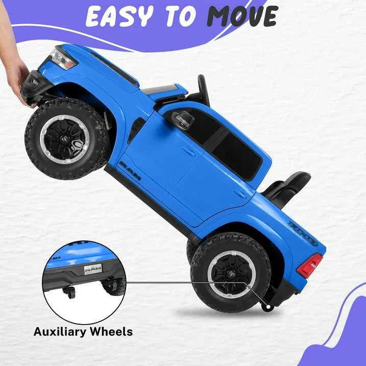 RAM 1500 Ride on Truck Cars, 12V Powered Ride on Toys with Remote Control, 4 Wheel Suspension Electric Cars for 3-5 Yrs Boy Girl W/Key Switch, Safety Belt, Music, Bluetooth, LED Lights, Blue