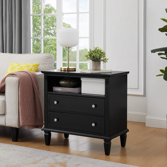 UHOMEPRO Wood Nightstand with Charging Station & Power Outlets, Modern Bedside Table with 2 Drawers & Open Shelf, Solid Wood Legs Fluted Design Night Stands for Bedroom, Living Room, Black