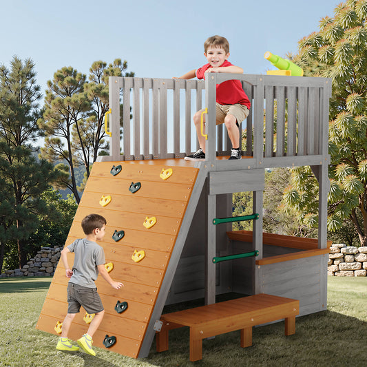 COCLUB Wooden Playhouse for Kids Outdoor | Treehouse Climber with Telescope & Ramp | CPC Certified Outdoor Playset for Ages 3-6