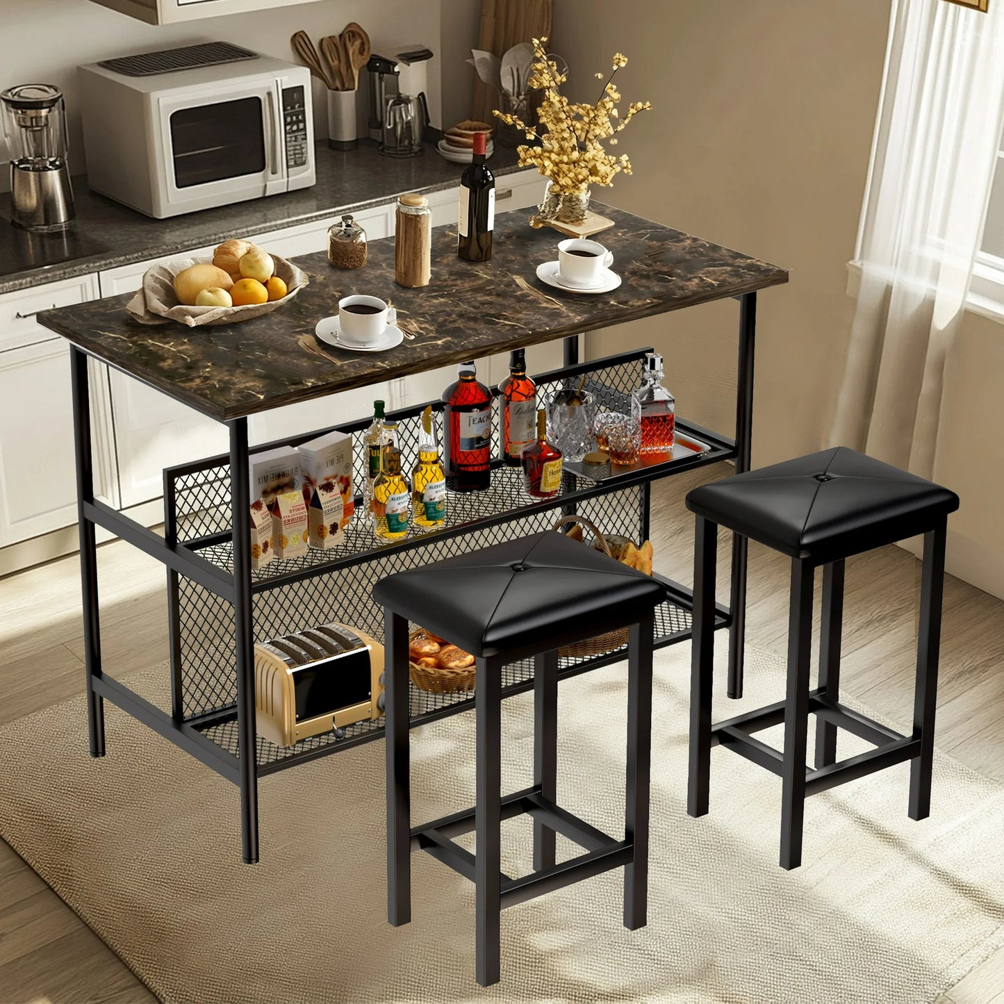 UHOMEPRO Kitchen Island Set, Dining Room Set with 2 Stools and 2 Open Shelves, 3 Piece Board Dining Table Set with Storage, Kitchen Island With Seating for Small Places, Rustic Brown