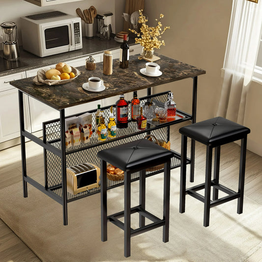 UHOMEPRO Kitchen Island Set, Dining Room Set with 2 Stools and 2 Open Shelves, 3 Piece Board Dining Table Set with Storage, Kitchen Island With Seating for Small Places, Rustic Brown