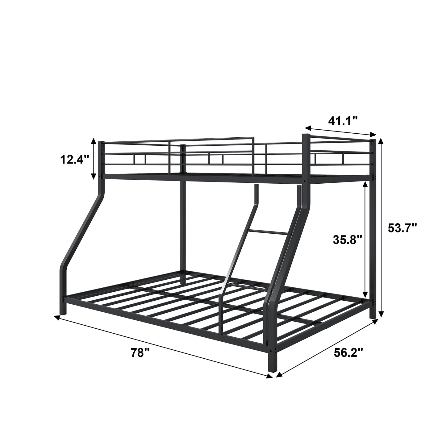 Metal Twin Over Full Bunk Bed, Heavy-duty Metal Bunk Beds For Kids Twin Over Full Size, Low Profile Metal Bunk Bed with Ladder and Full-Length Guardrail, Modern Kids Room Furniture, Black