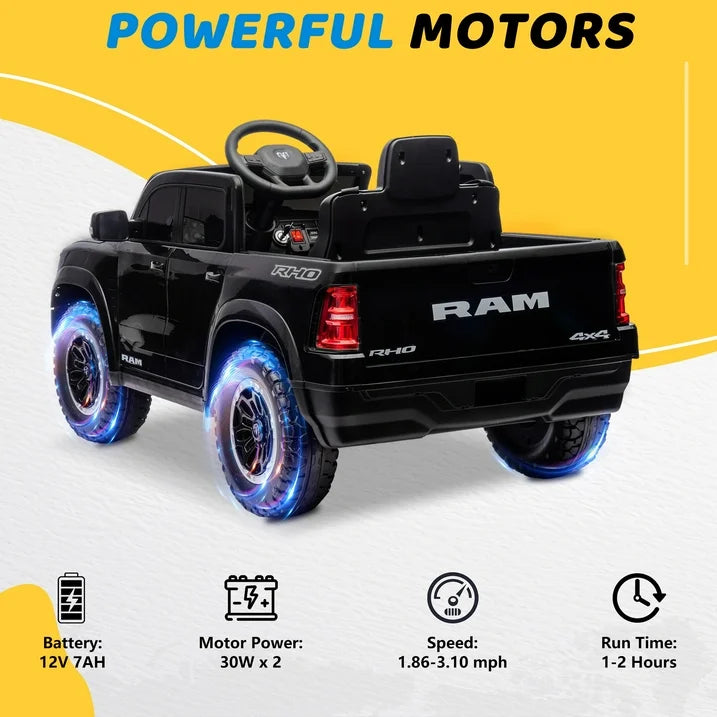 RAM 1500 Ride on Truck Cars, 12V Powered Ride on Toys with Remote Control, 4 Wheel Suspension Electric Cars for 3-5 Yrs Boy Girl W/Key Switch, 5 Point Safety Belt, Music, Bluetooth, LED Lights, Black