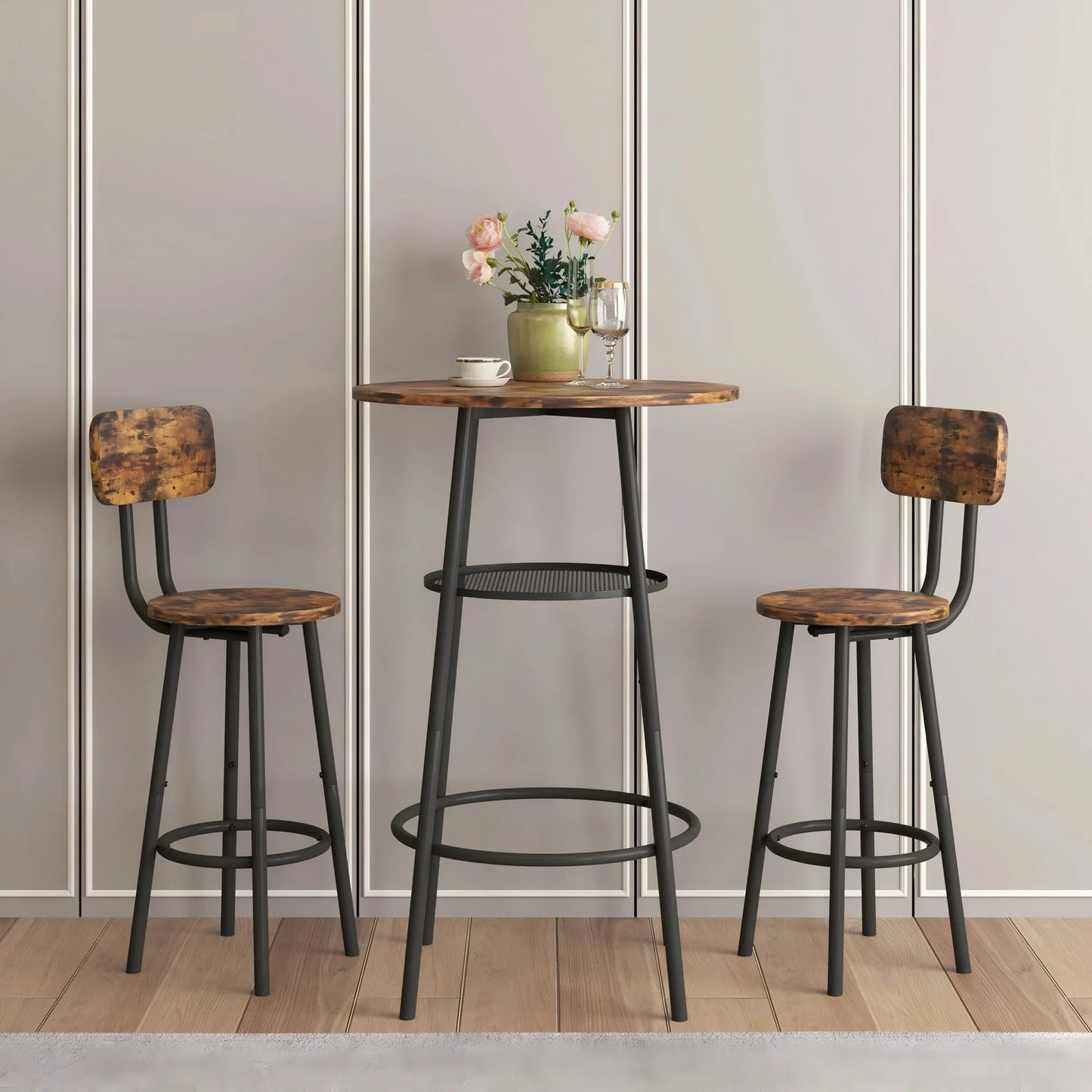 UHOMEPRO 3-Piece Dining Room Bar Table Set for 2, Double Layer Round Bar Table and Chairs Set Industrial Counter Height Pub Table with 2 Stools and Metal Frame, Rustic Brown