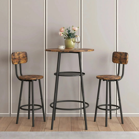 UHOMEPRO 3-Piece Dining Room Bar Table Set for 2, Double Layer Round Bar Table and Chairs Set Industrial Counter Height Pub Table with 2 Stools and Metal Frame, Rustic Brown