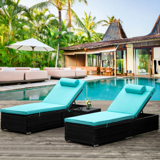 UHOMEPRO 3-Piece Outdoor Patio Furniture Set Chaise Lounge, Patio Reclining Rattan Lounge Chair Chaise Couch Cushioned with Glass Coffee Table, Adjustable Back and Feet, Lounger Chair for Pool Garden