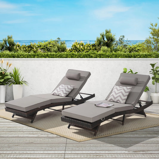 UHOMEPRO Outdoor Chaise Lounge Set of 2, All-Weather Wicker Long Reclining Chair, Patio Lounger Recliner for Poolside, Patio, Backyard, Max Weight 600 lbs | Waterproof | Easy to Assemble, Light Gray