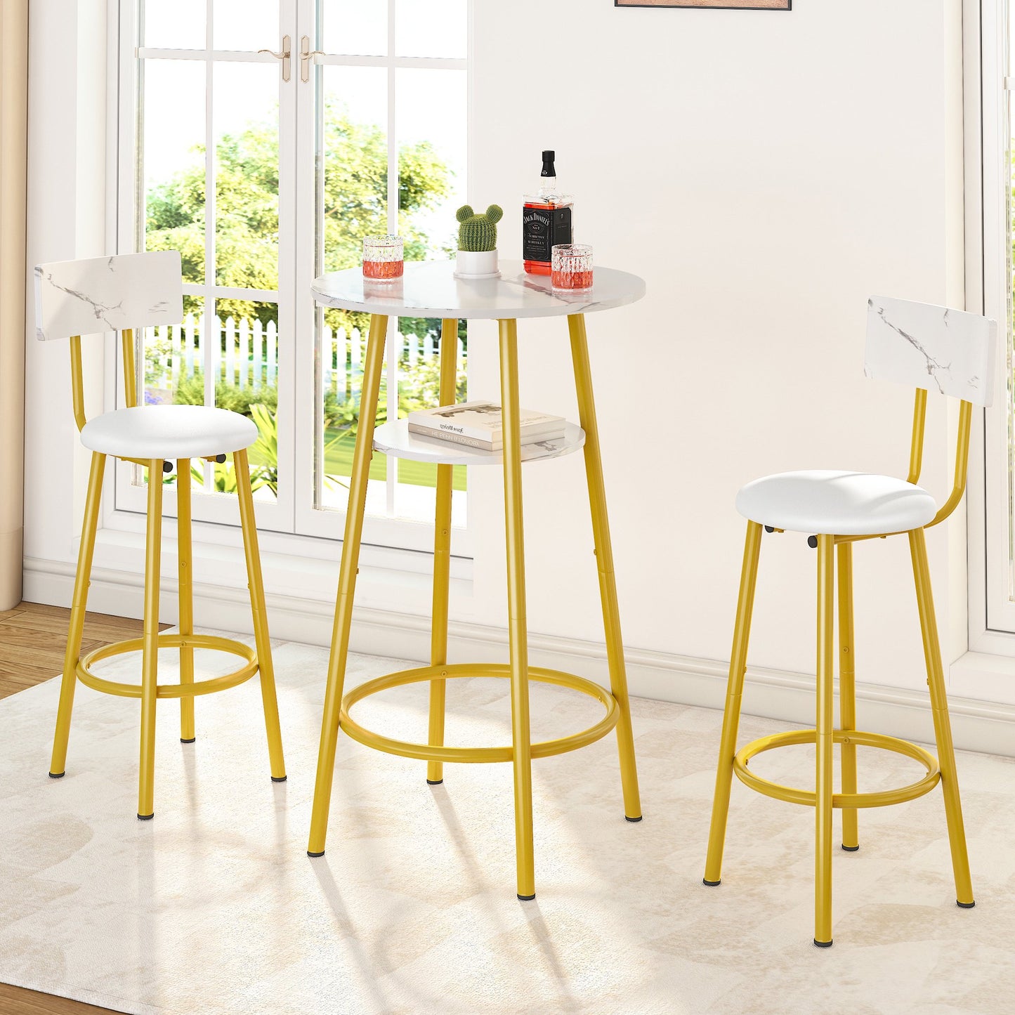 UHOMEPRO 3-Pieces Round Dining Bar Table Set for 2, Modern Counter Height Kitchen Table with 2 PU Upholstered Stools, Wood Pub Bar Table Set Perfect for Kitchen Small Space Living Room, White+Gold