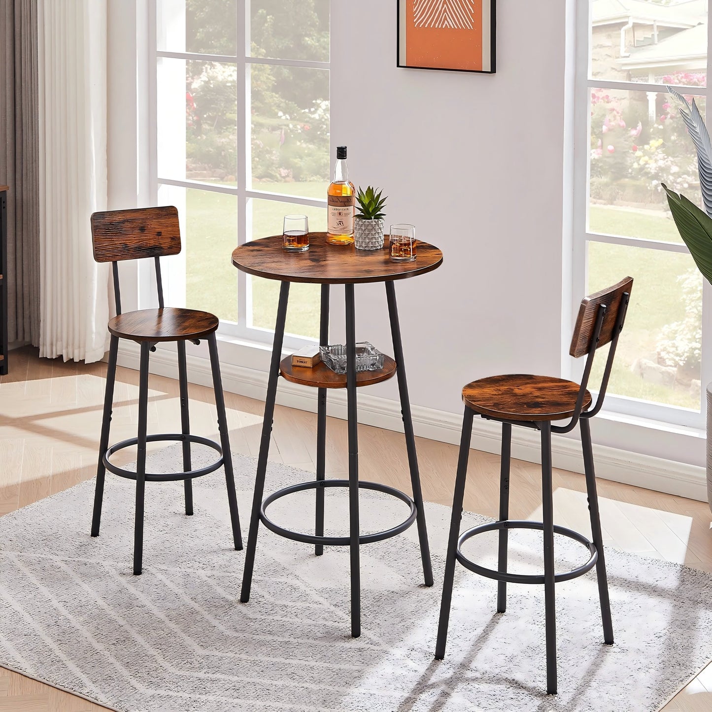 UHOMEPRO 3-Pieces Round Dining Bar Table Set for 2, Modern Counter Height Kitchen Table with 2 PU Upholstered Stools, Wood Pub Bar Table Set Perfect for Kitchen Small Space Living Room, White+Gold