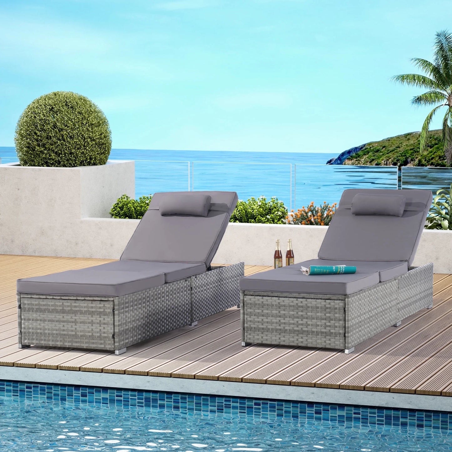 UHOMEPRO 2PCS Outdoor Chaise Lounge, Modern Patio Wicker Chaise Lounge Set with Adjustable Back, Cushioned Chaise Lounge Patio Furniture Set for Pool Garden, Steel Frame, Easy Assembly, Gray
