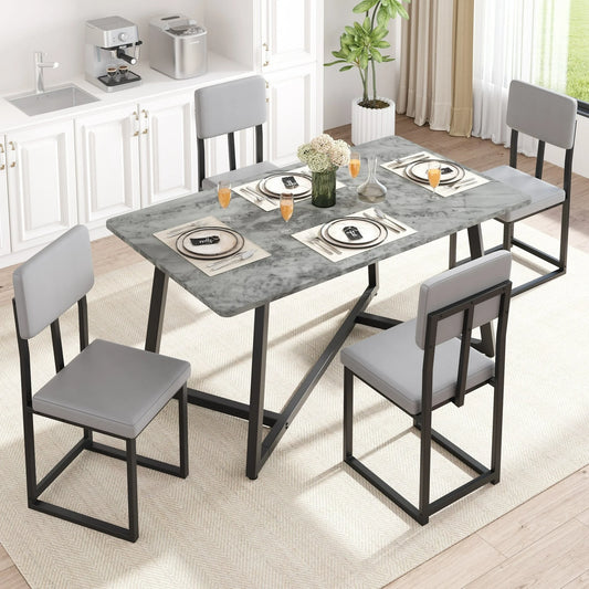 UHOMEPRO Dining Table Set for 4, Modern 5 Piece Dining Room Table Set with Faux Marble Tabletop and 4 Leatherette Upholstered Chairs, Rectangle Kitchen Table Set Dining Set for Dining Room, Gray