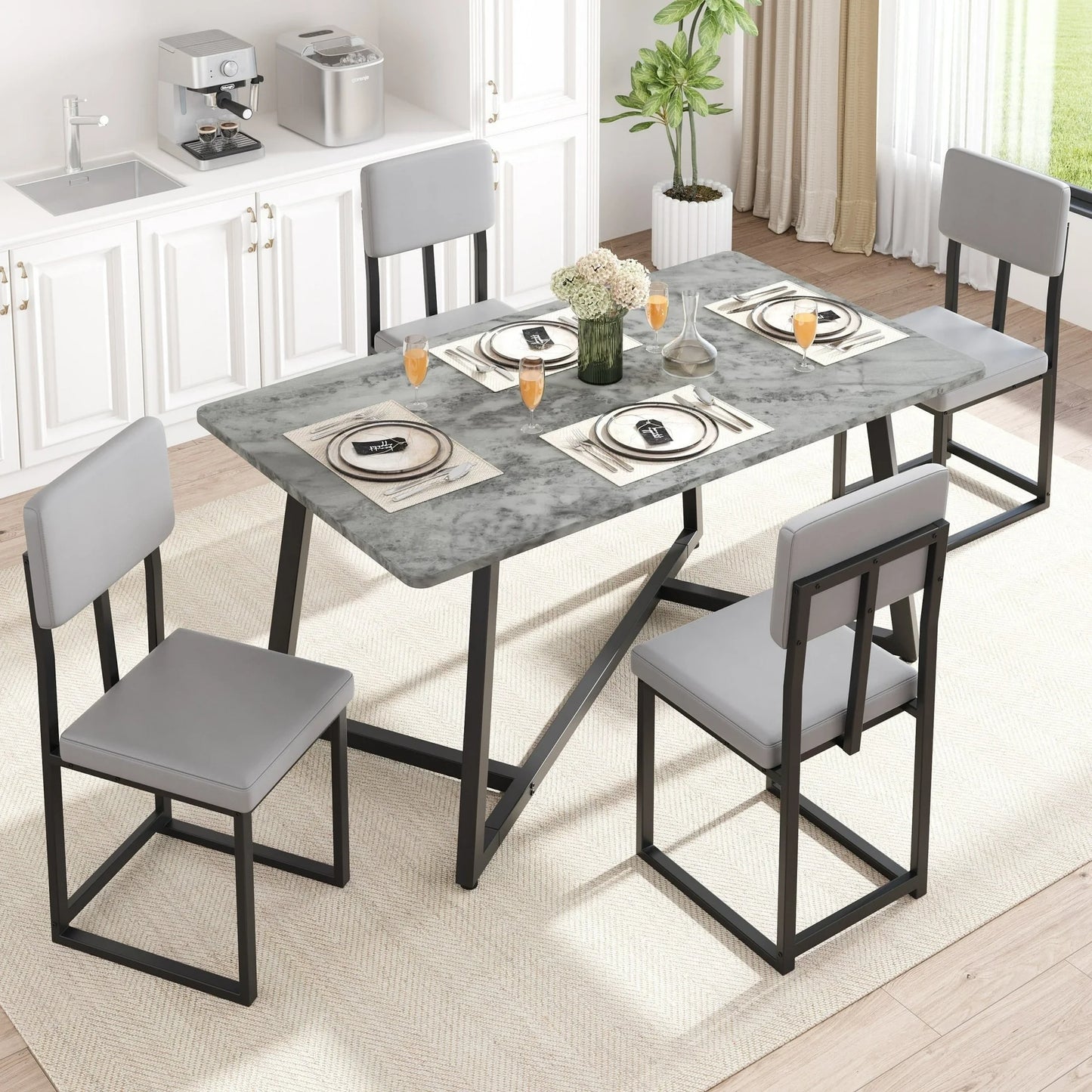 UHOMEPRO Dining Table Set for 4, Modern 5 Piece Dining Room Table Set with Faux Marble Tabletop and 4 Leatherette Upholstered Chairs, Rectangle Kitchen Table Set Dining Set for Dining Room, Gray