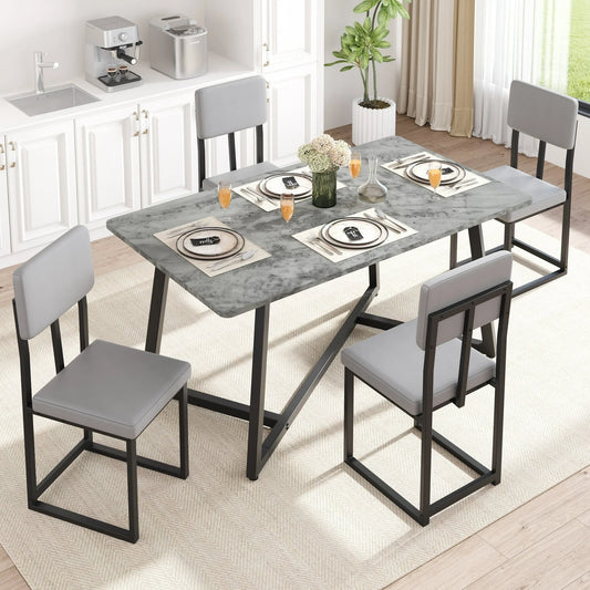 UHOMEPRO Dining Table Set for 4, Modern 5 Piece Dining Room Table Set with Faux Marble Tabletop and 4 Leatherette Upholstered Chairs, Rectangle Kitchen Table Set Dining Set for Dining Room, Gray