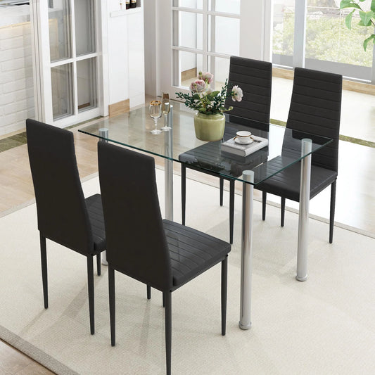 uhomepro Black Kitchen Table Set, 5 Pieces Dining Table Set, Tempered Glass Dining Table and Chairs Set for 4, Upgraded Iron Dining Room Table Set with 4 PU Leather Chairs