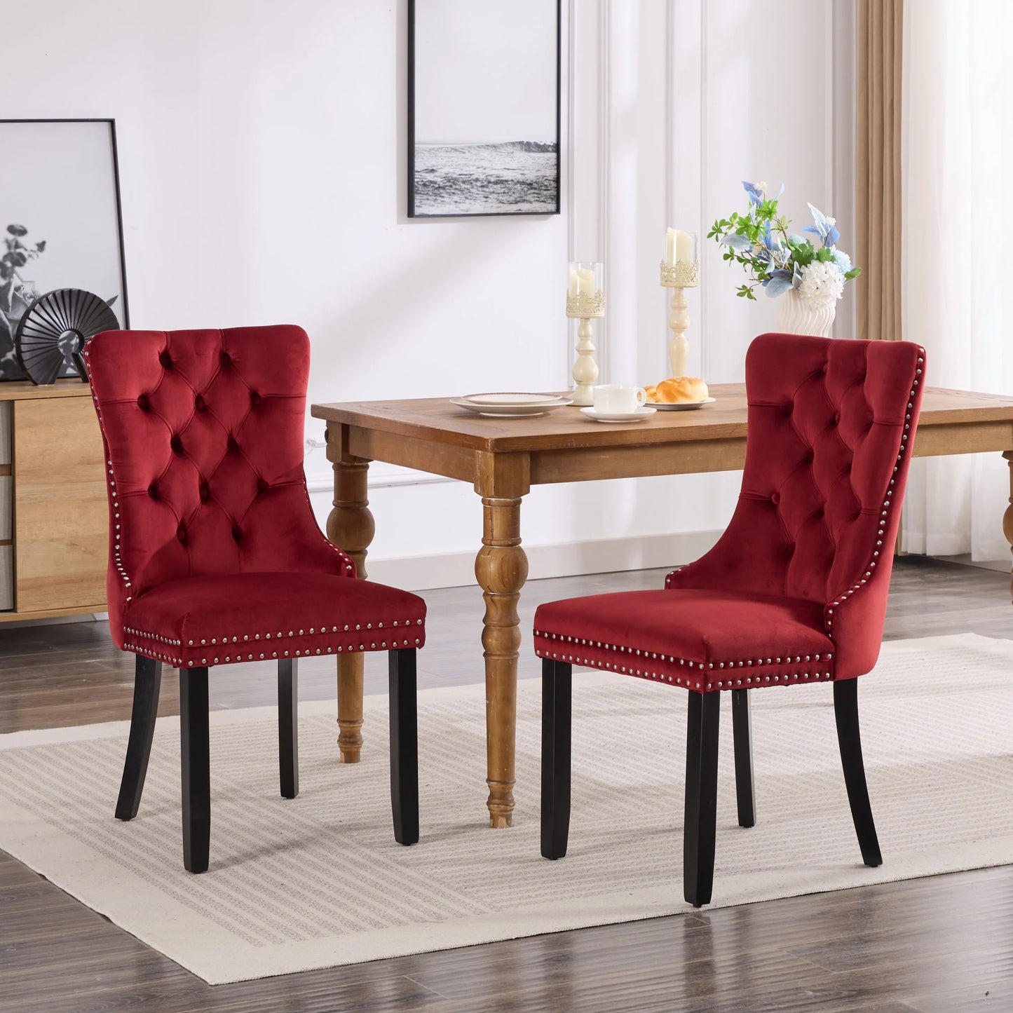 UHOMEPRO Dining Room Chairs Set of 2, Tufted Velvet Upholstered Dining Chair with Nailhead Trim and Solid Wood Legs, Accent Side Chair for Bedroom, Living Room, Beige