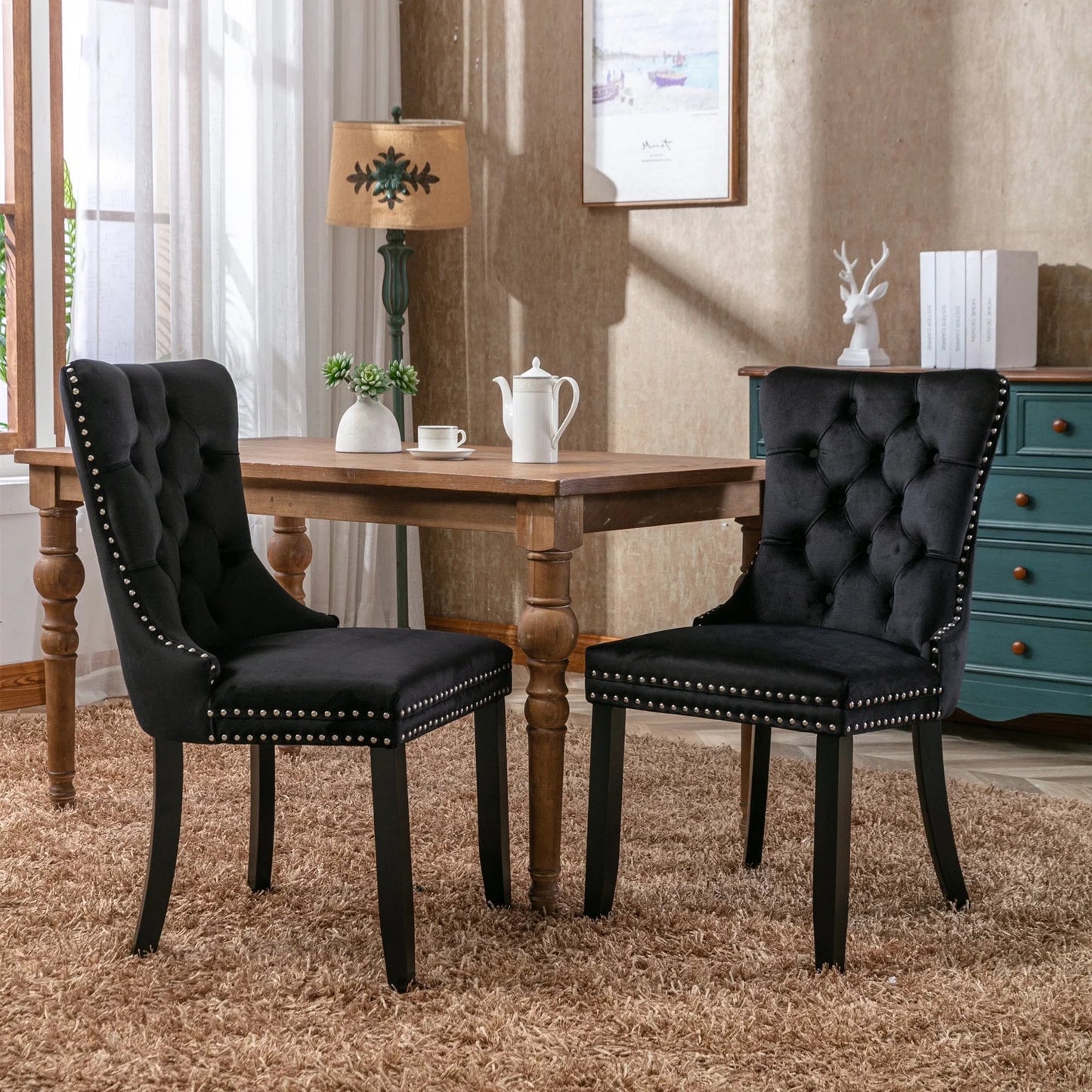 UHOMEPRO Dining Room Chairs Set of 2, Tufted Velvet Upholstered Dining Chair with Nailhead Trim and Solid Wood Legs, Accent Side Chair for Bedroom, Living Room, Beige