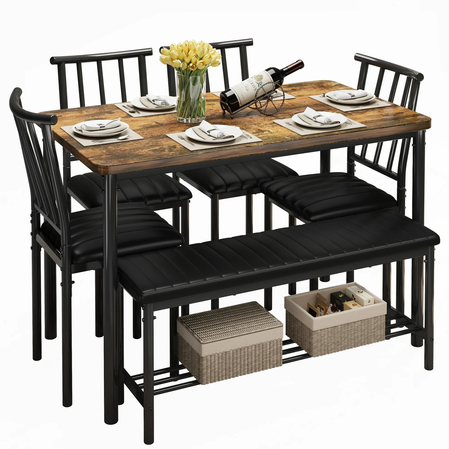 uhomepro Dining Table Set for 6, 6 Piece Kitchen Table Set with 4 PU Leather Chairs and Bench, Dining Set with Storage Rack for Dining Room, Kitchen and Apartment, Brown and Black