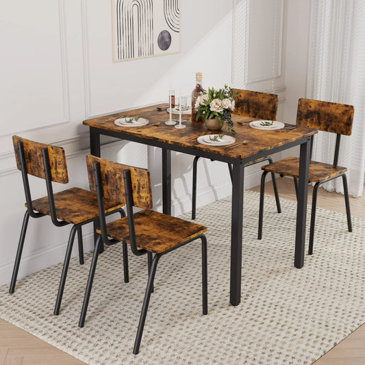 UHOMEPRO Dining Table Set for 4, Modern 5 Piece Dining Room Set with 4 Wooden Chairs, Farmhouse Rectangle Kitchen Table Set for Home, Breakfast Nook, Dining Room, Strong Metal Frame Support, Brown
