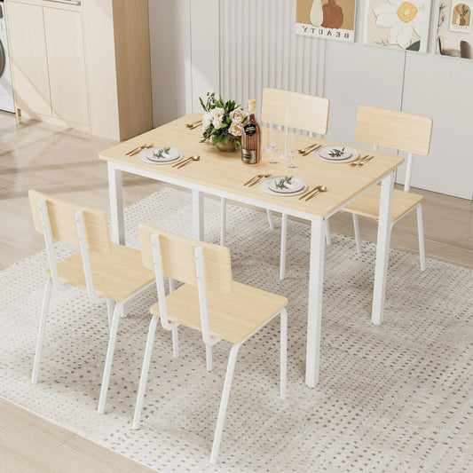UHOMEPRO Dining Table Set for 4, Modern 5 Piece Dining Room Set with 4 Wooden Chairs, Farmhouse Rectangle Kitchen Table Set for Home, Breakfast Nook, Dining Room, Strong Metal Frame Support, Wood