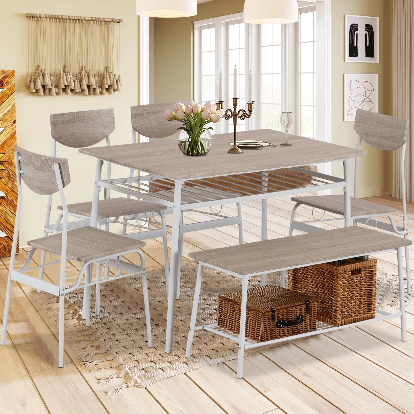 UHOMEPRO Dining Table Set for 4, Modern 5 Piece Dining Room Set with 4 Wooden Chairs, Farmhouse Rectangle Kitchen Table Set for Home, Breakfast Nook, Dining Room, Strong Metal Frame Support, Brown