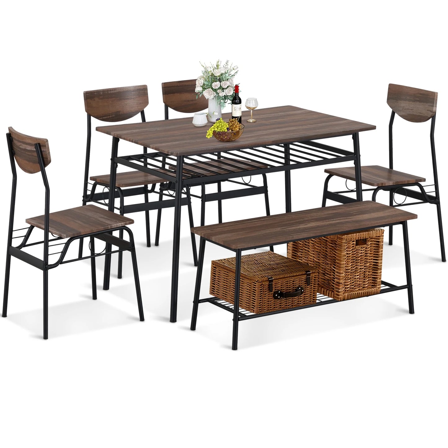 UHOMEPRO Dining Table Set for 4, Modern 5 Piece Dining Room Set with 4 Wooden Chairs, Farmhouse Rectangle Kitchen Table Set for Home, Breakfast Nook, Dining Room, Strong Metal Frame Support, Brown
