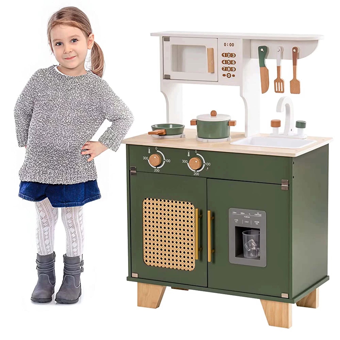 COCLUB Pretend Play Kitchen Wooden Toy Set for 3-8 Kids Gifts for Christmas and Birthday w/ Utensils, Microwave