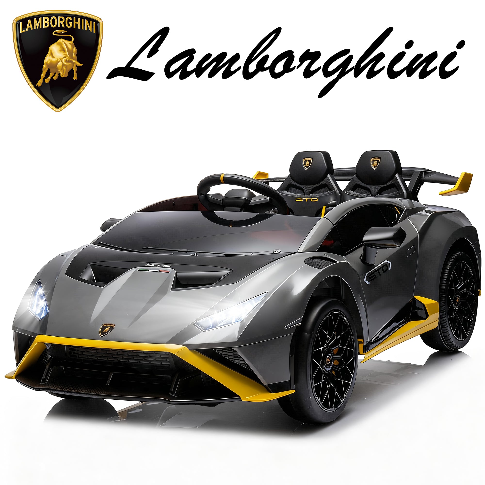 Lamborghini 24V Kids Electric Car, Licensed Huracan Sto Battery Powered Ride On Car with 4 Wheels Spring Suspension for Age 3-8, Remote Control Ride On Toys Speeds 1.86-5.59 MPH, LED Lights