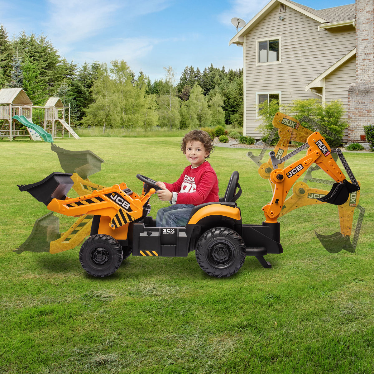 COCLUB 24V Kids JCB Ride on Excavator, Backhoe Toys for Boys with Reversible Seat, Removable Front & Rear Arms, Remote Control, Big Digger Construction Car for Kids 3-5