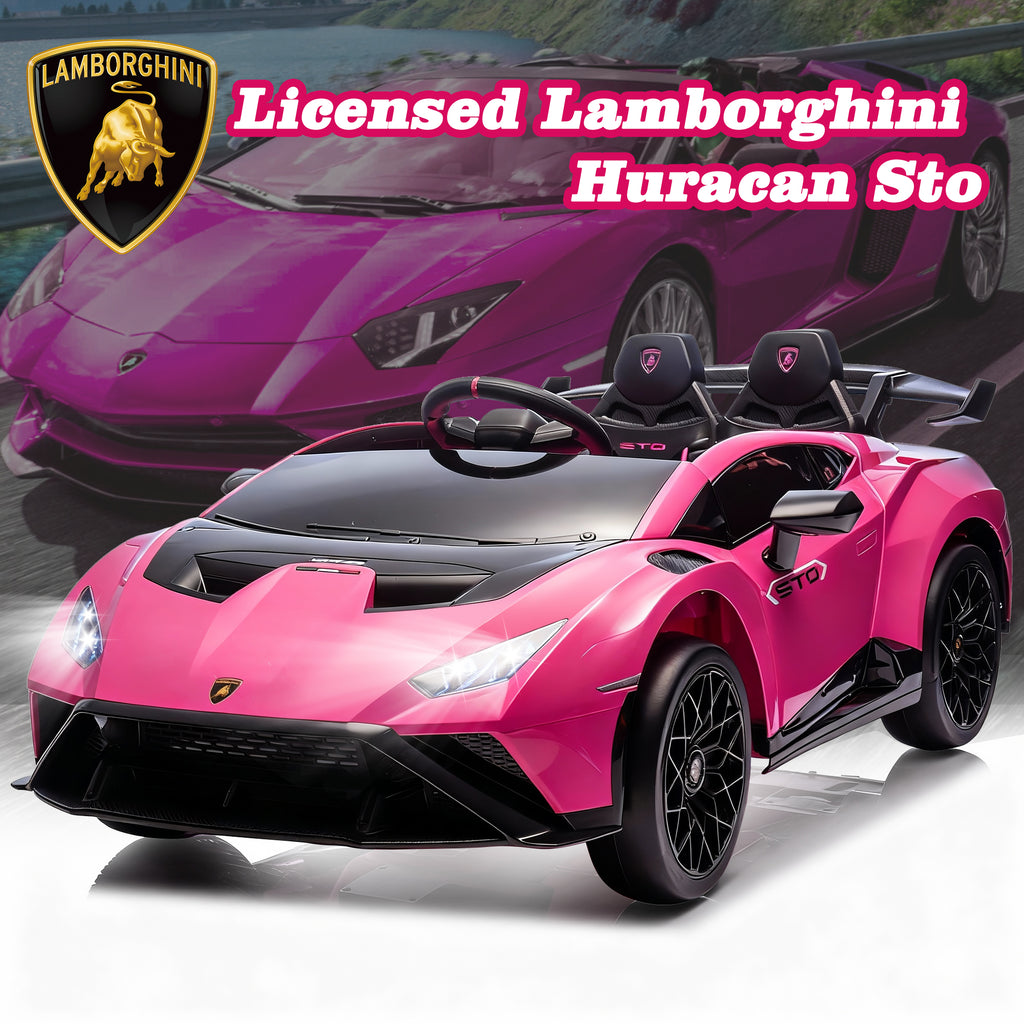 Lamborghini 24V Kids Electric Car, Licensed Huracan Sto Battery Powered Ride On Car with 4 Wheels Spring Suspension for Age 3-8, Remote Control Ride On Toys Speeds 1.86-5.59 MPH, LED Lights