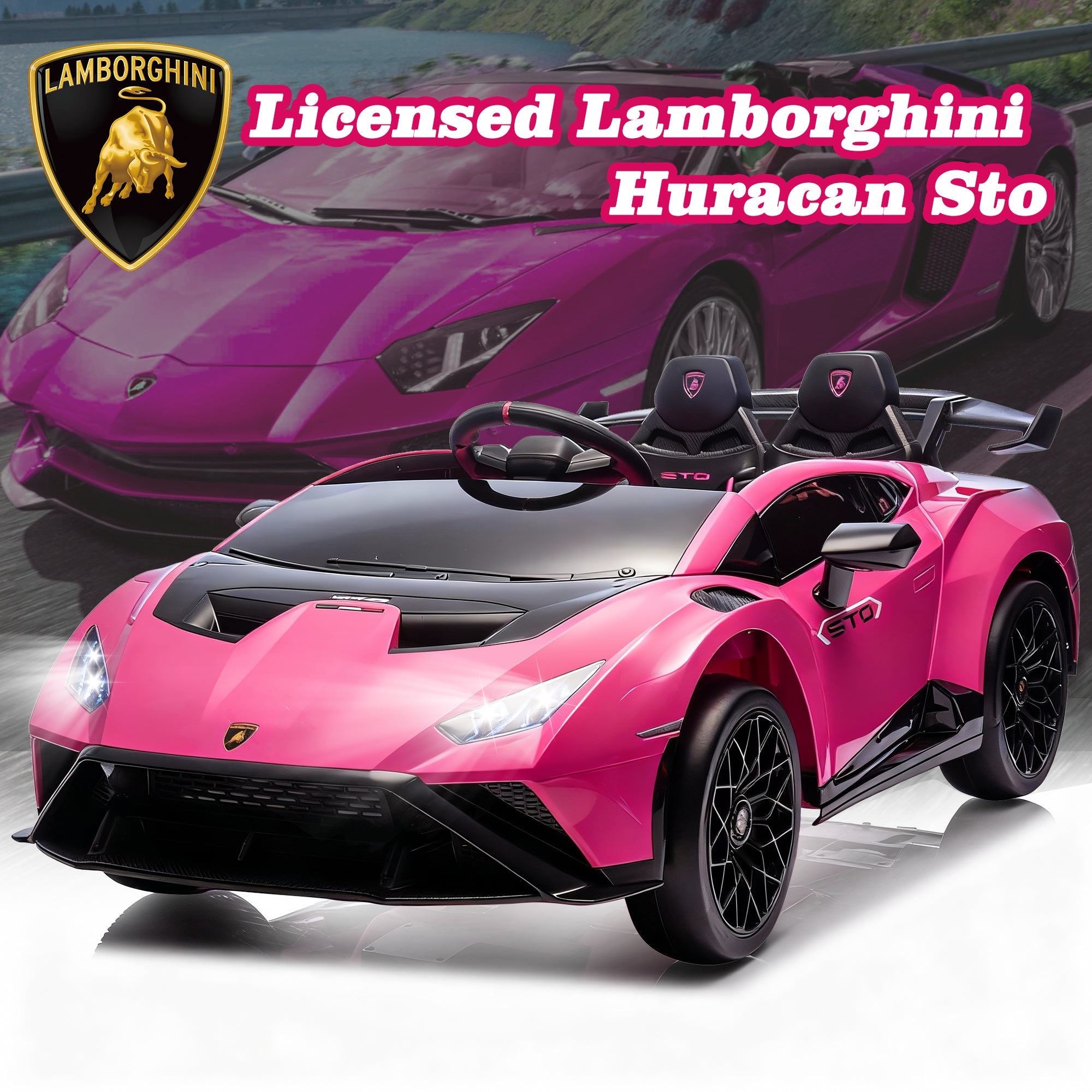 Lamborghini 24V Kids Electric Car, Licensed Huracan Sto Battery Powered Ride On Car with 4 Wheels Spring Suspension for Age 3-8, Remote Control Ride On Toys Speeds 1.86-5.59 MPH, LED Lights