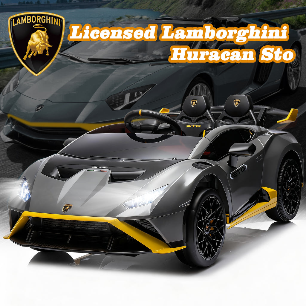 Lamborghini 24V Kids Electric Car, Licensed Huracan Sto Battery Powered Ride On Car with 4 Wheels Spring Suspension for Age 3-8, Remote Control Ride On Toys Speeds 1.86-5.59 MPH, LED Lights