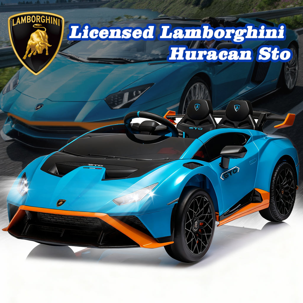 Lamborghini 24V Kids Electric Car, Licensed Huracan Sto Battery Powered Ride On Car with 4 Wheels Spring Suspension for Age 3-8, Remote Control Ride On Toys Speeds 1.86-5.59 MPH, LED Lights