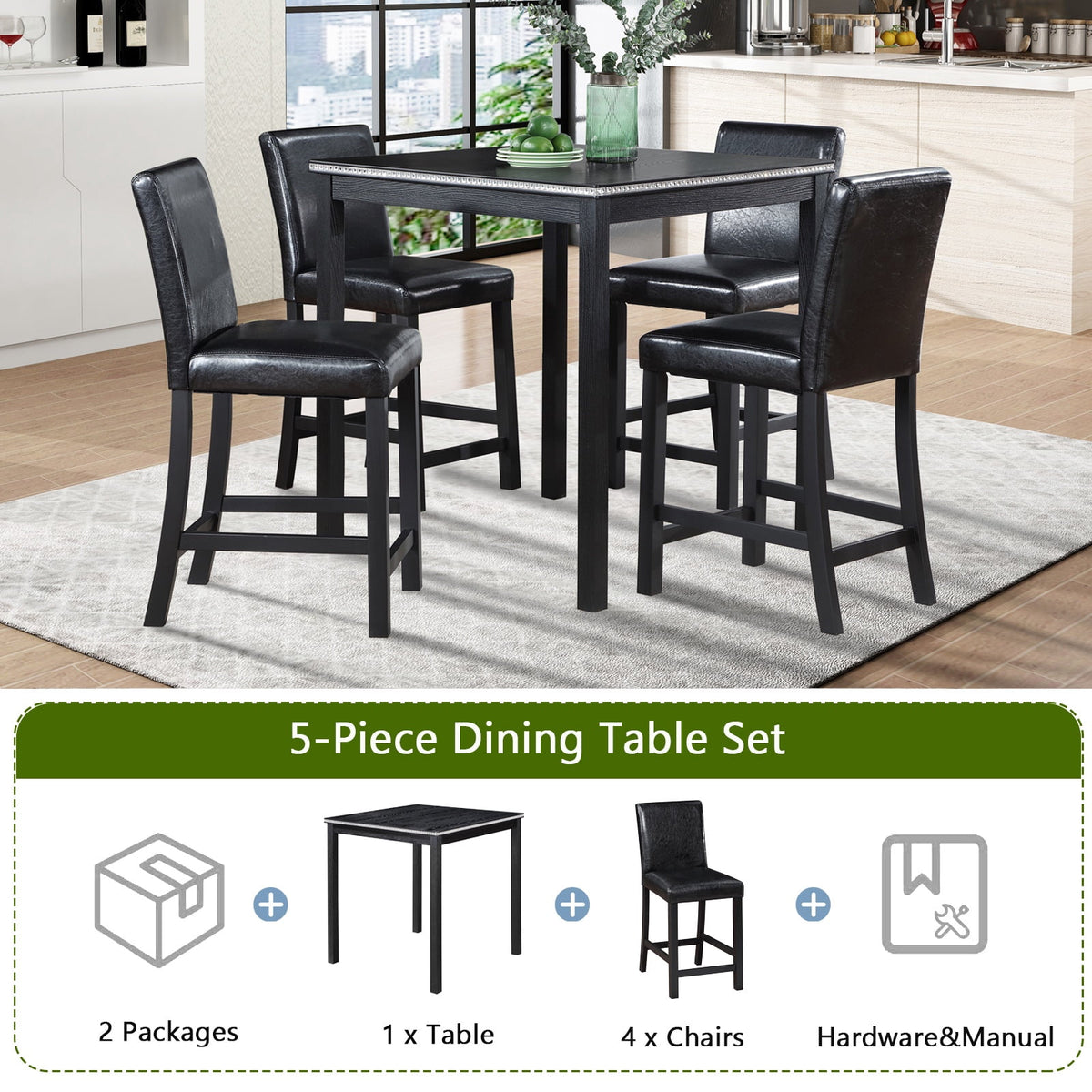 UHOMEPRO Dining Table Set for 4, Counter Height Dining Table and Chair Set, Square Wooden Table with 4 Upholstered Chairs and Crystal Decoration, Kitchen and Dining Room, Gray