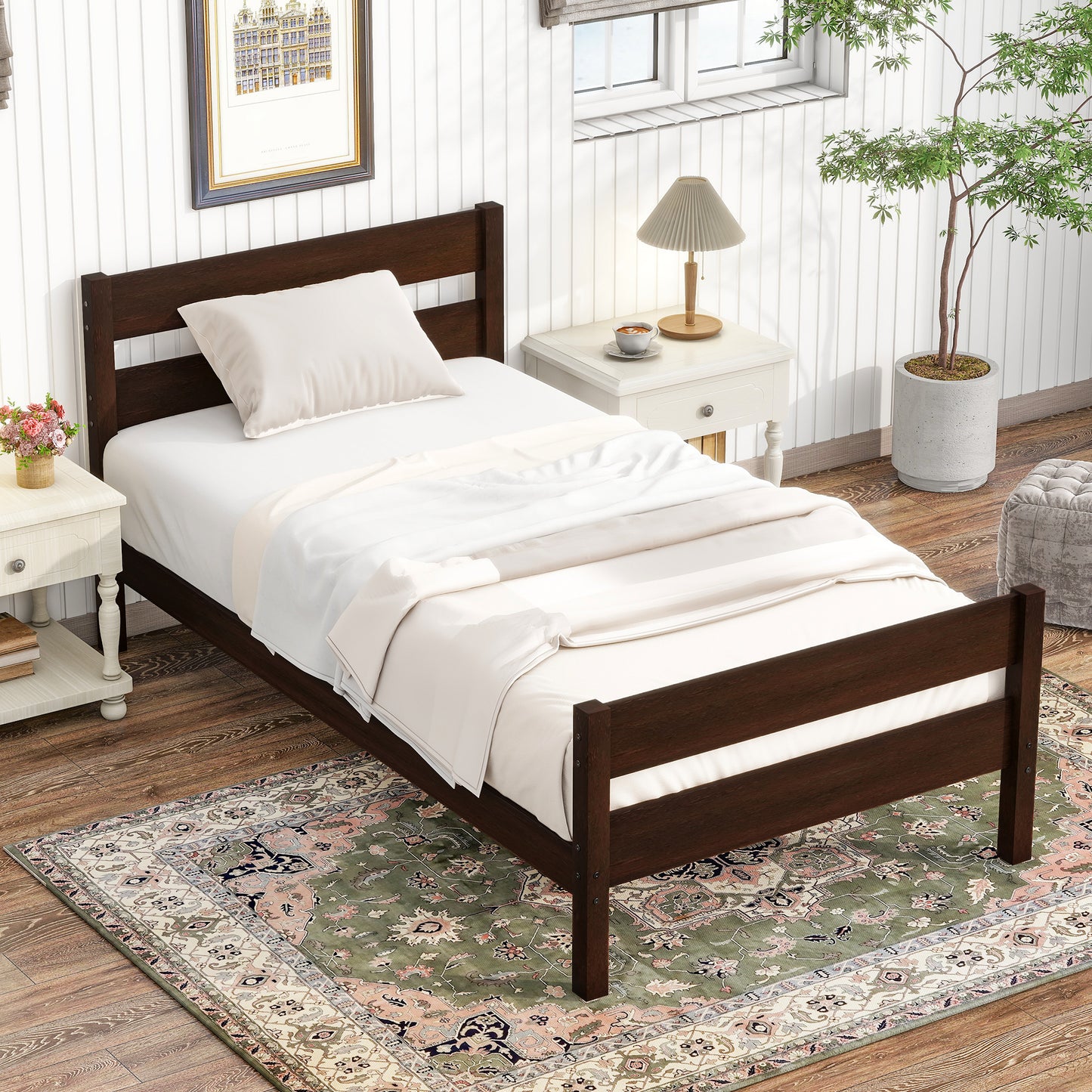 UHOMEPRO Twin Size Solid Wood Platform Bed Frame, Solid Wood Single Bed with Headboard, Slat Support, No Box Spring Needed, Easy Assembly, Espresso
