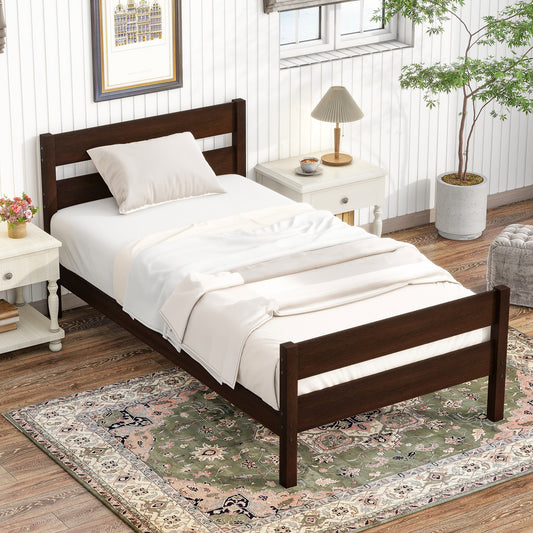 UHOMEPRO Twin Size Solid Wood Platform Bed Frame, Solid Wood Single Bed with Headboard, Slat Support, No Box Spring Needed, Easy Assembly, Espresso
