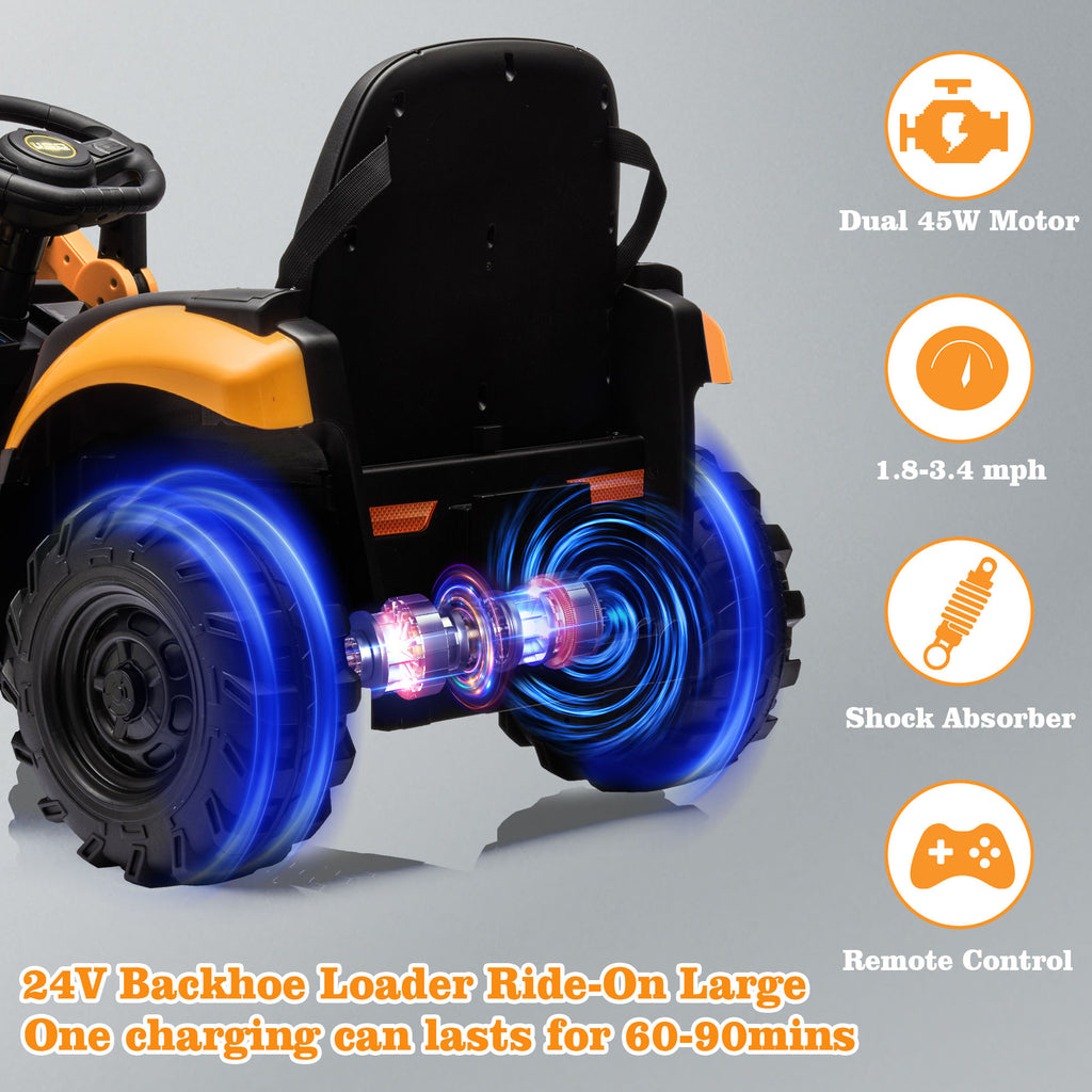 COCLUB 24V Kids JCB Ride on Excavator, Backhoe Toys for Boys with Reversible Seat, Removable Front & Rear Arms, Remote Control, Big Digger Construction Car for Kids 3-5