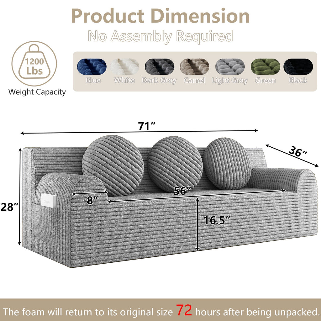 UHOMEPRO 71" Small Cloud Couch, 3 Seater Sofa with High Density Foam, No Assembly Low Profile Floor Couch for Bedroom, Apartment, 1200lbs, Deep Gray