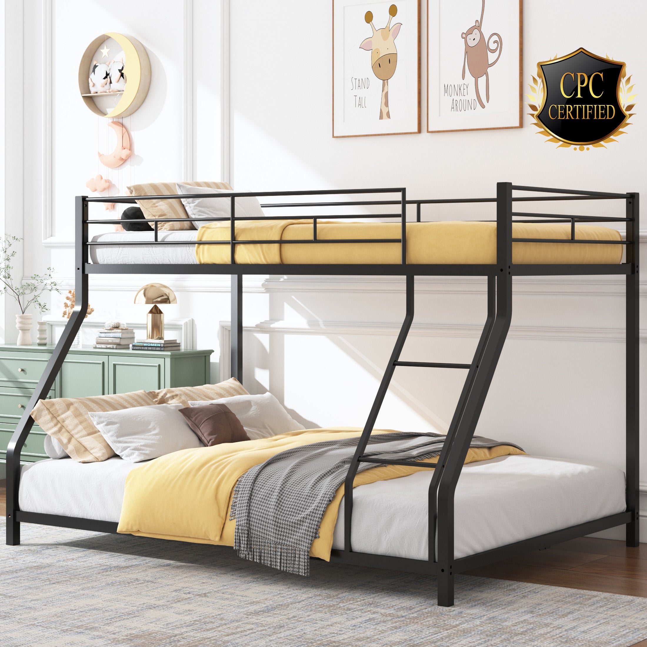 Metal Twin Over Full Bunk Bed, Heavy-duty Metal Bunk Beds For Kids Twin Over Full Size, Low Profile Metal Bunk Bed with Ladder and Full-Length Guardrail, Modern Kids Room Furniture, Black