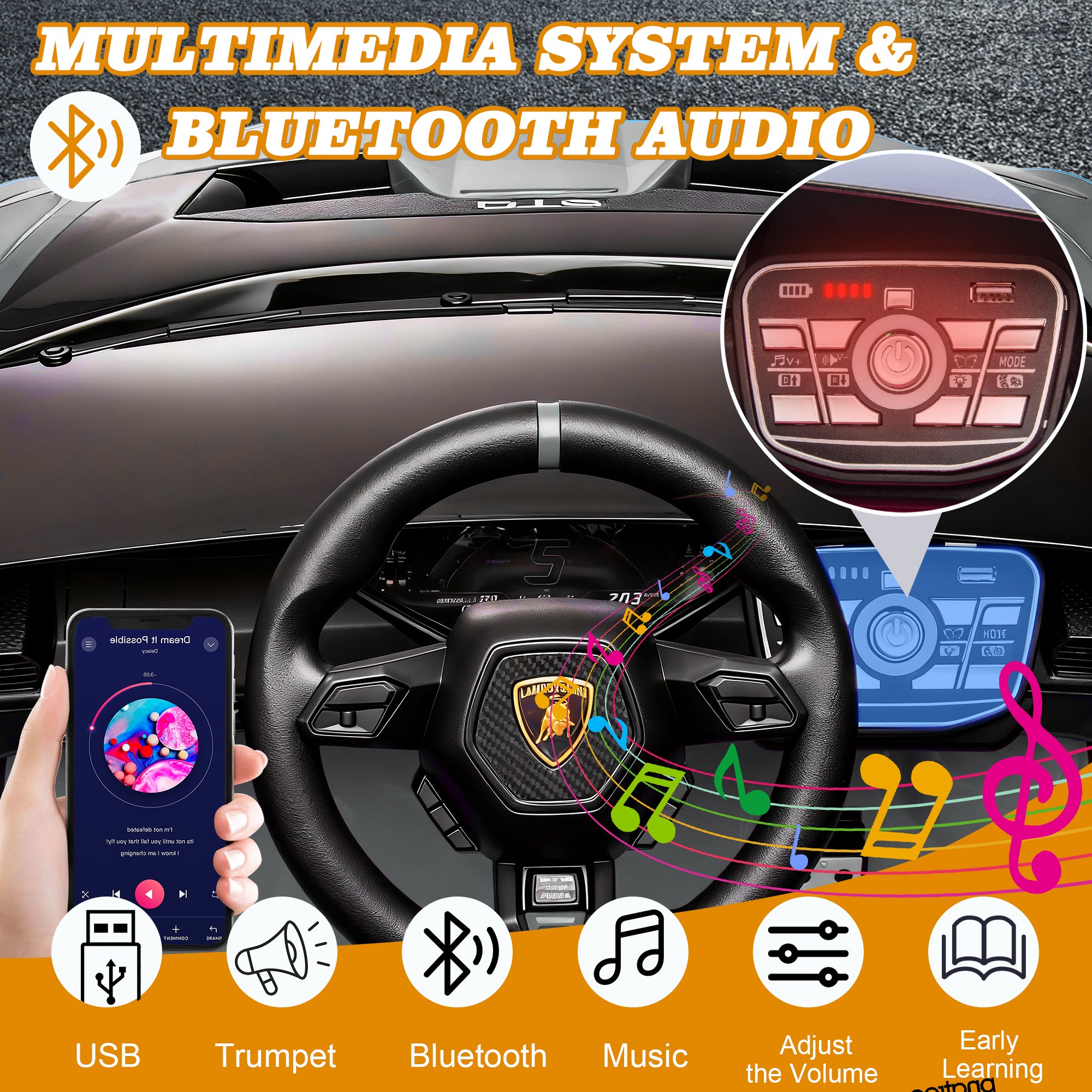 Lamborghini 24V Kids Electric Car, Licensed Huracan Sto Battery Powered Ride On Car with 4 Wheels Spring Suspension for Age 3-8, Remote Control Ride On Toys Speeds 1.86-5.59 MPH, LED Lights