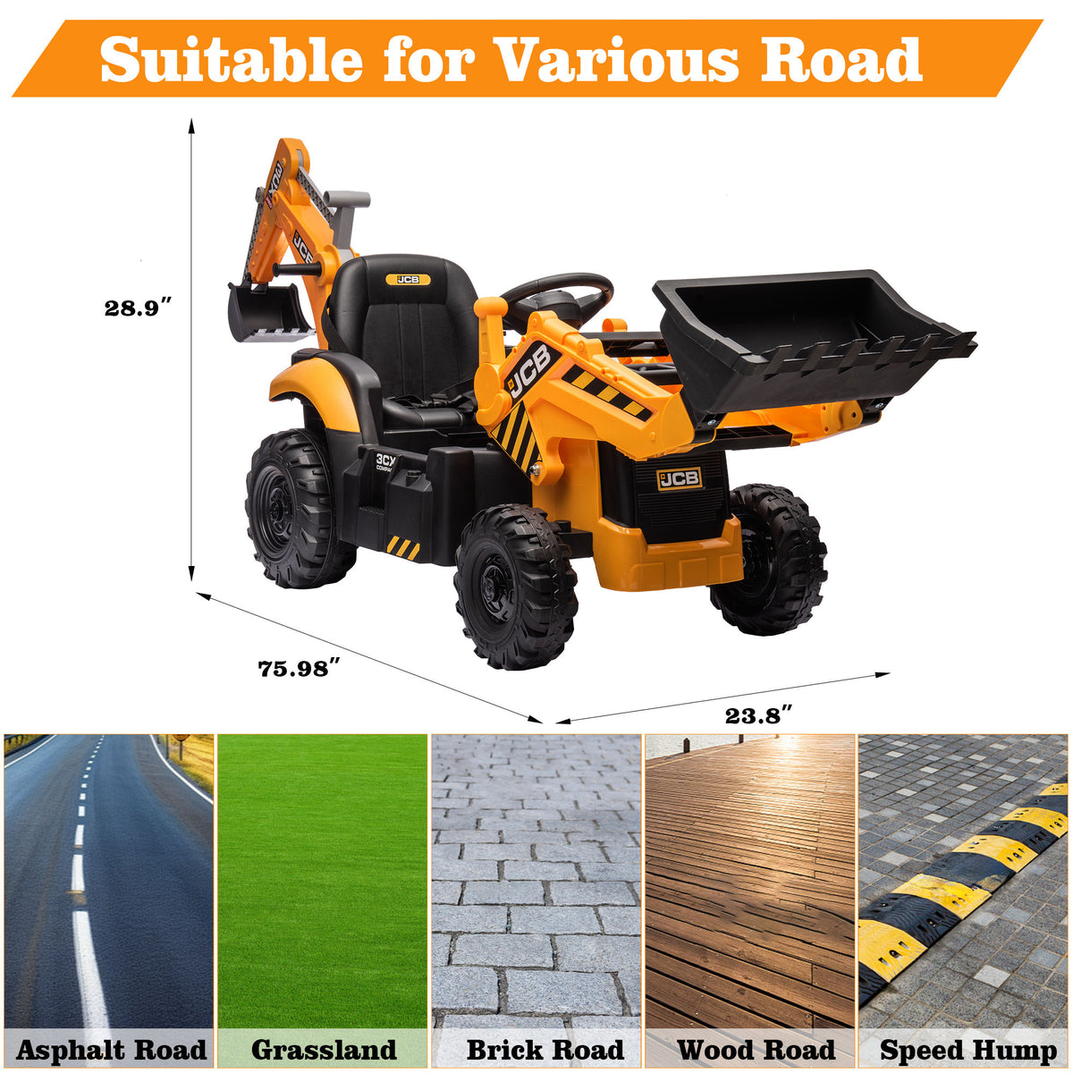 COCLUB 24V Kids JCB Ride on Excavator, Backhoe Toys for Boys with Reversible Seat, Removable Front & Rear Arms, Remote Control, Big Digger Construction Car for Kids 3-5