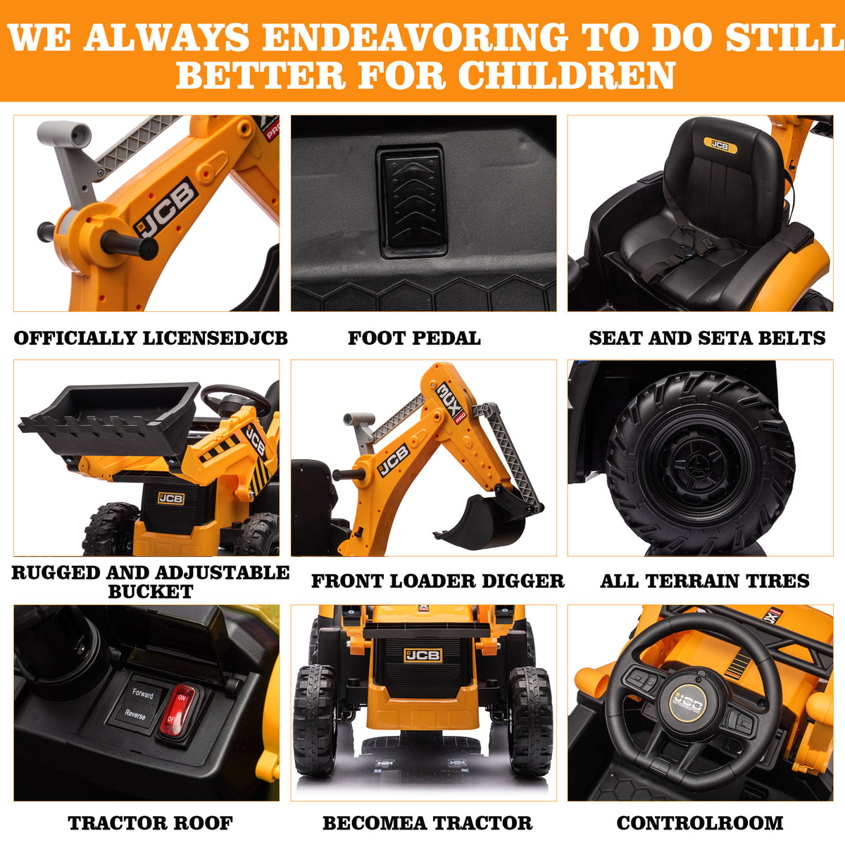 COCLUB 24V Kids JCB Ride on Excavator, Backhoe Toys for Boys with Reversible Seat, Removable Front & Rear Arms, Remote Control, Big Digger Construction Car for Kids 3-5