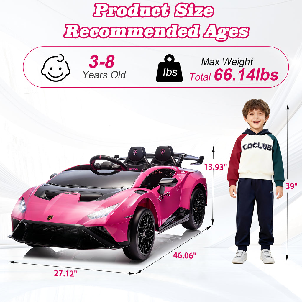 Lamborghini 24V Kids Electric Car, Licensed Huracan Sto Battery Powered Ride On Car with 4 Wheels Spring Suspension for Age 3-8, Remote Control Ride On Toys Speeds 1.86-5.59 MPH, LED Lights