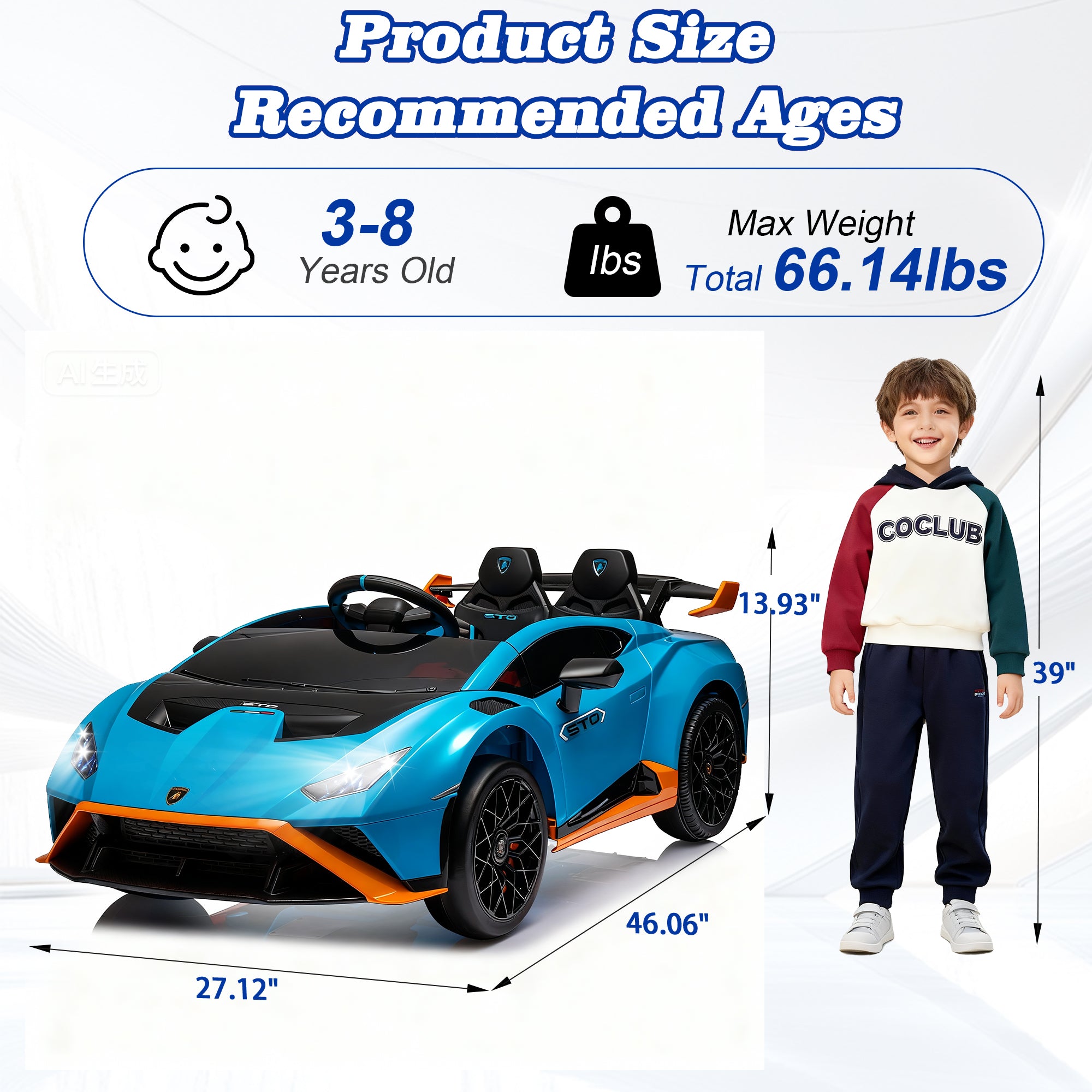 Lamborghini 24V Kids Electric Car, Licensed Huracan Sto Battery Powered Ride On Car with 4 Wheels Spring Suspension for Age 3-8, Remote Control Ride On Toys Speeds 1.86-5.59 MPH, LED Lights
