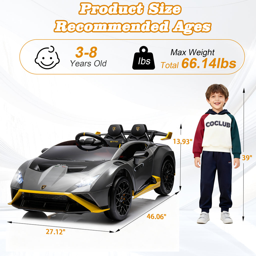 Lamborghini 24V Kids Electric Car, Licensed Huracan Sto Battery Powered Ride On Car with 4 Wheels Spring Suspension for Age 3-8, Remote Control Ride On Toys Speeds 1.86-5.59 MPH, LED Lights