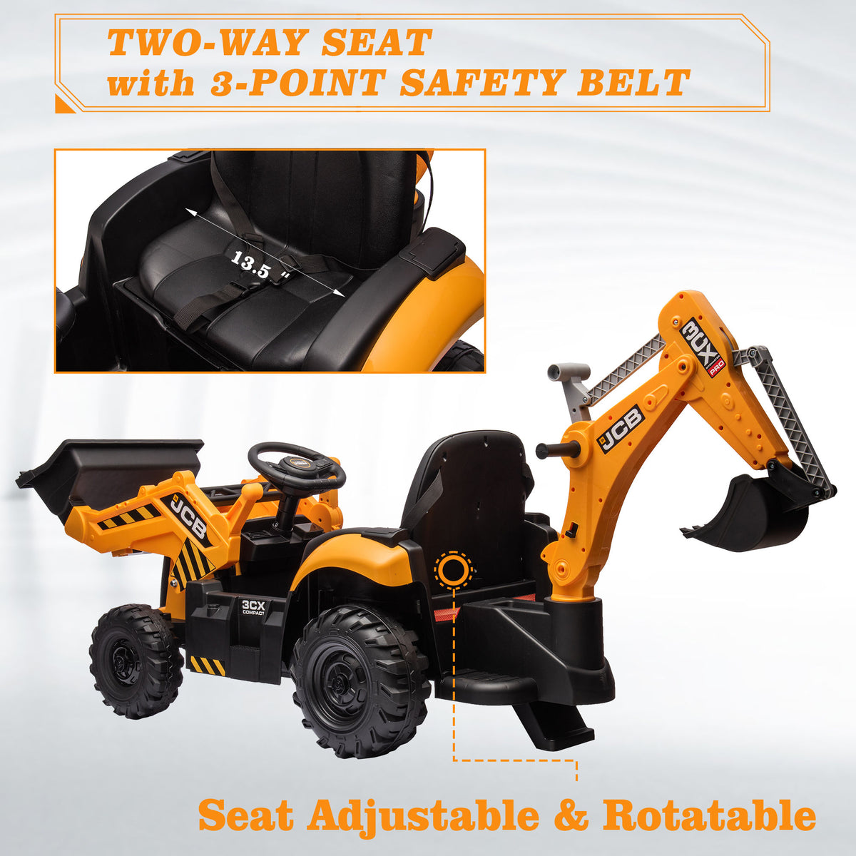 COCLUB 24V Kids JCB Ride on Excavator, Backhoe Toys for Boys with Reversible Seat, Removable Front & Rear Arms, Remote Control, Big Digger Construction Car for Kids 3-5